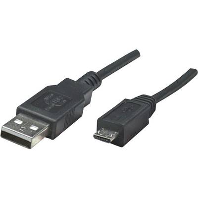 Un cavo nero da USB a Micro-USB su sfondo bianco. A sinistra il connettore USB, a destra il connettore Micro-USB.