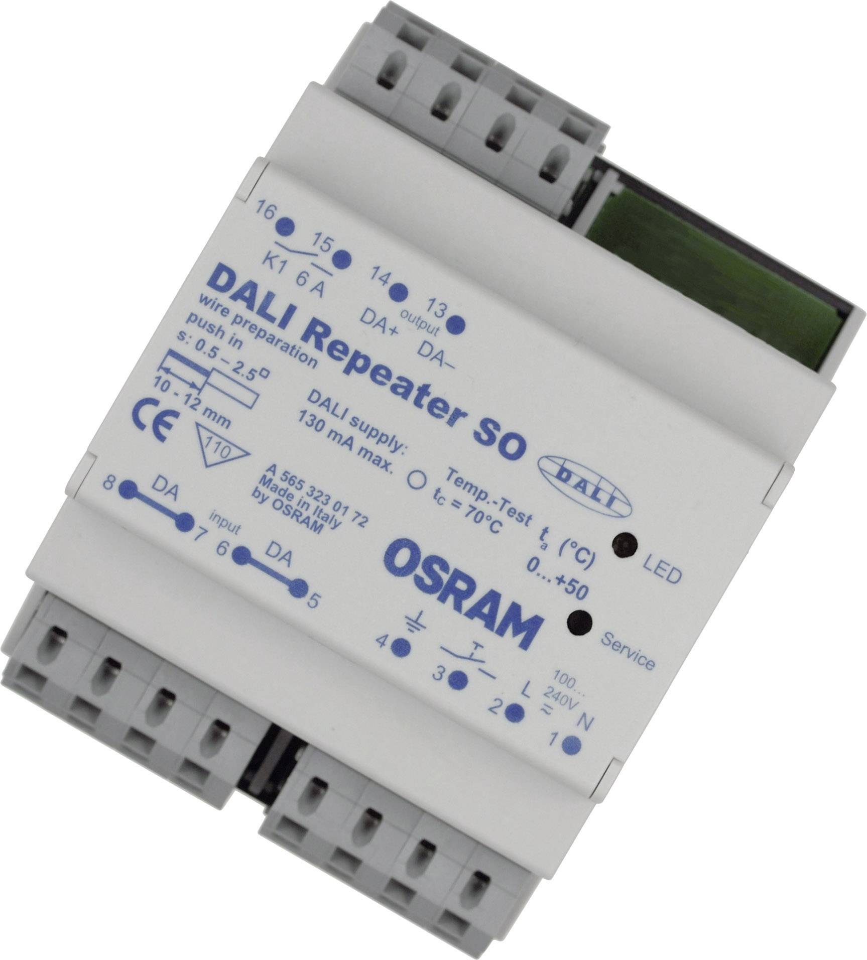 Ripetitore 'DALI Repeater SO' di OSRAM, un dispositivo elettronico per l'amplificazione dei segnali DALI, dotato di morsetti di connessione e indicatori di funzionamento.