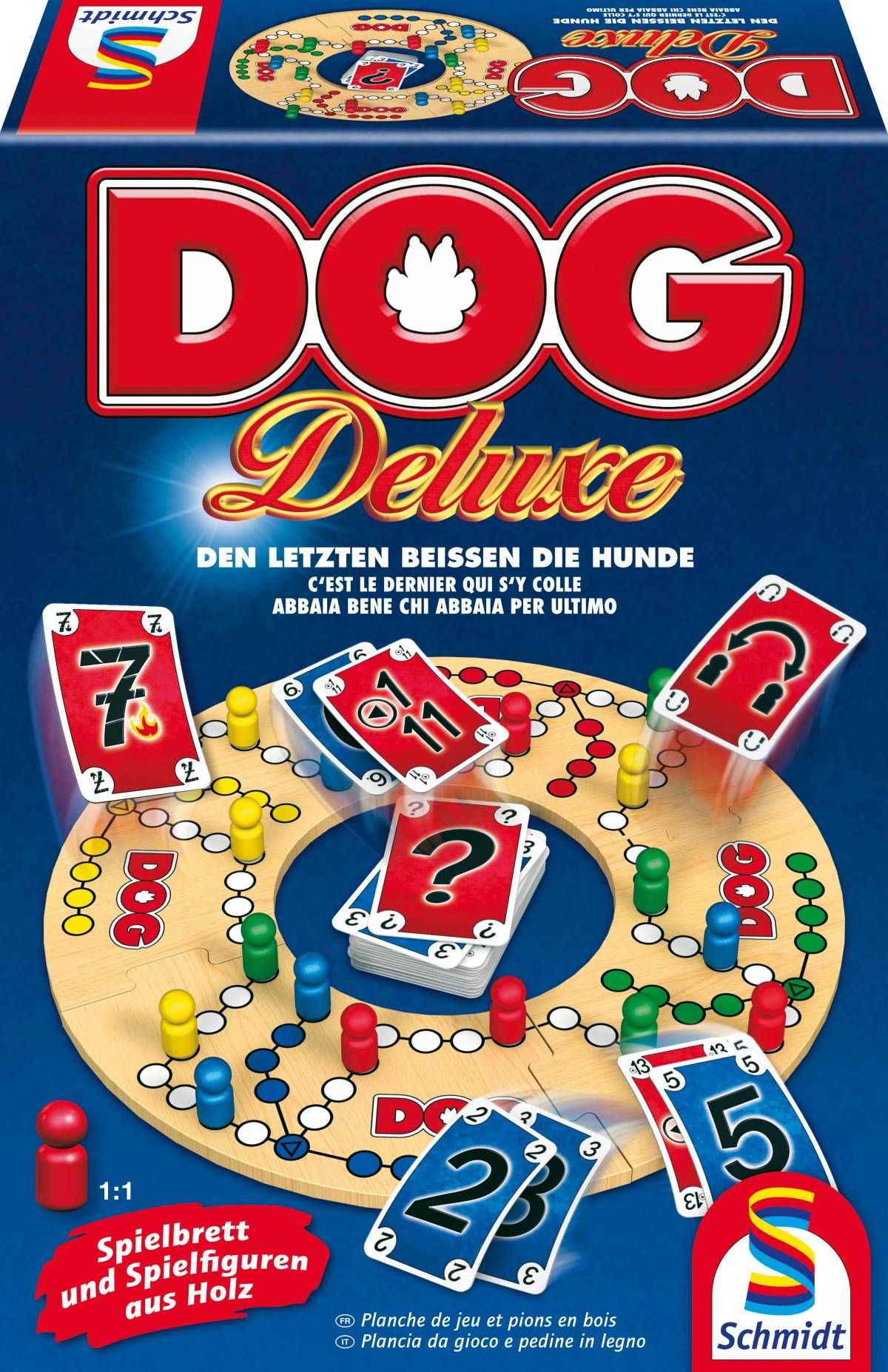 Confezione del gioco da tavolo 'Dog Deluxe' con plancia di gioco e carte. Etichettato: 'Gli ultimi vengono morsi dai cani'. Di Schmidt Spiele.