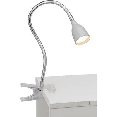 Lampada da scrivania flessibile con morsetto che si fissa al bordo del tavolo. La lampada ha un braccio snodabile che emana una luce intensa.