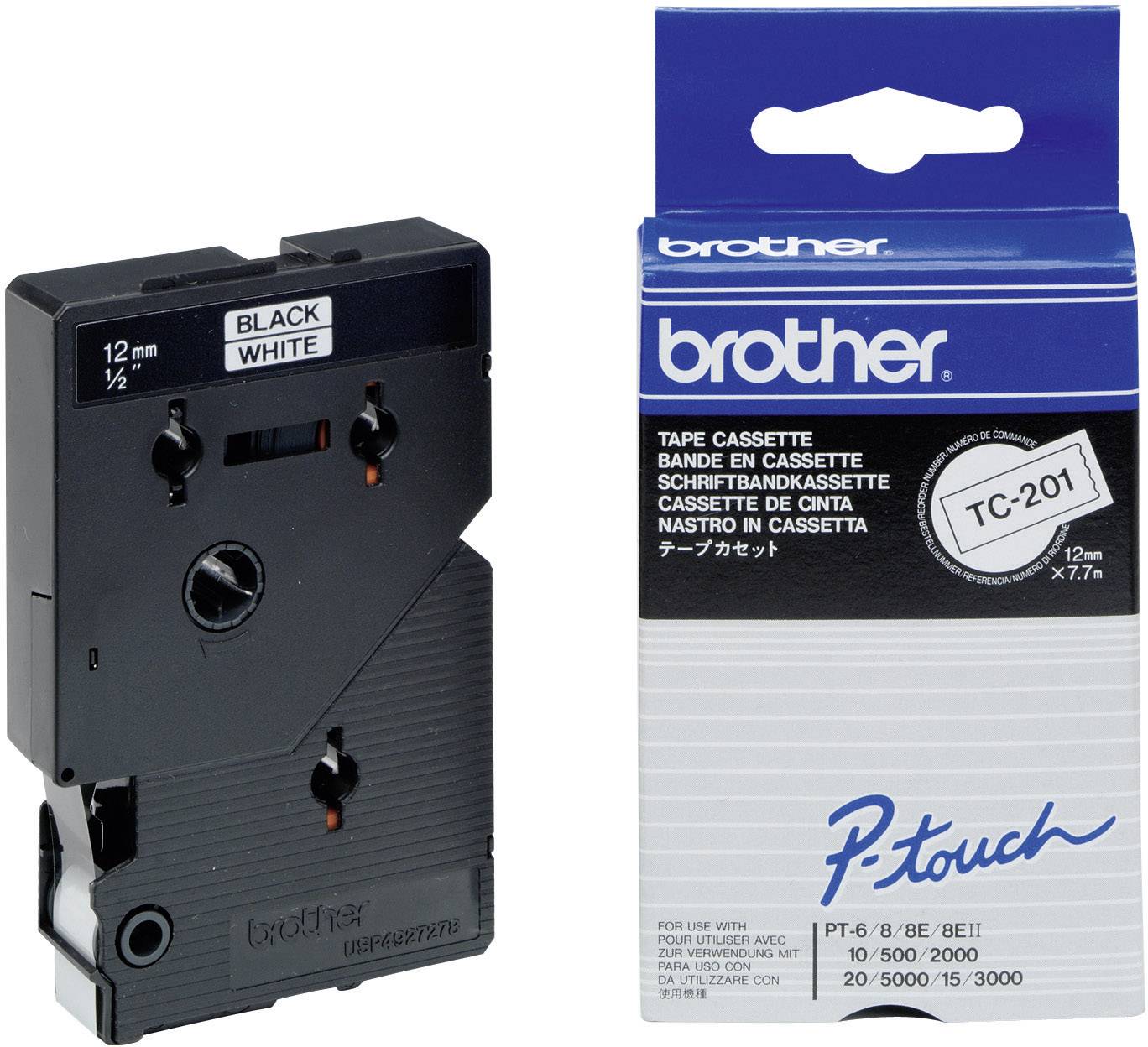 Una cassetta per etichette Brother per stampanti P-touch, modello TC-201, con stampa nera su sfondo bianco, larghezza 12 mm.