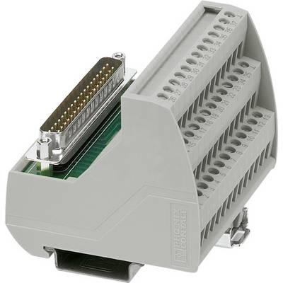 Un blocco connettore grigio con più possibilità di connessione e piedini metallici. È progettato per connessioni elettriche.