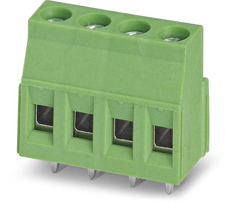 Connettore verde a quattro pin, idoneo per il fissaggio di conduttori elettrici, comunemente utilizzato in circuiti elettronici.