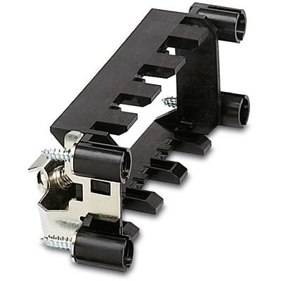 Supporto nero in plastica con componenti metalliche, idoneo per l'installazione in impianti elettrici, dotato di più slot di connessione.