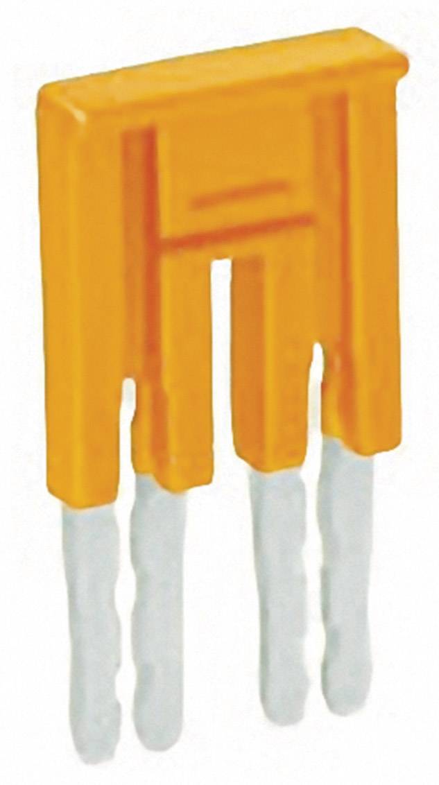 Un jumper PC arancione con tre denti di connessione e due ponti di contatto.
