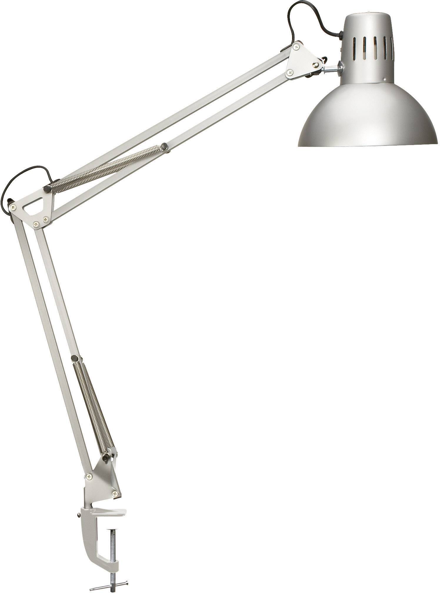 Lampada da scrivania con braccio lungo regolabile e paralume in metallo argentato, montata sul bordo della scrivania.