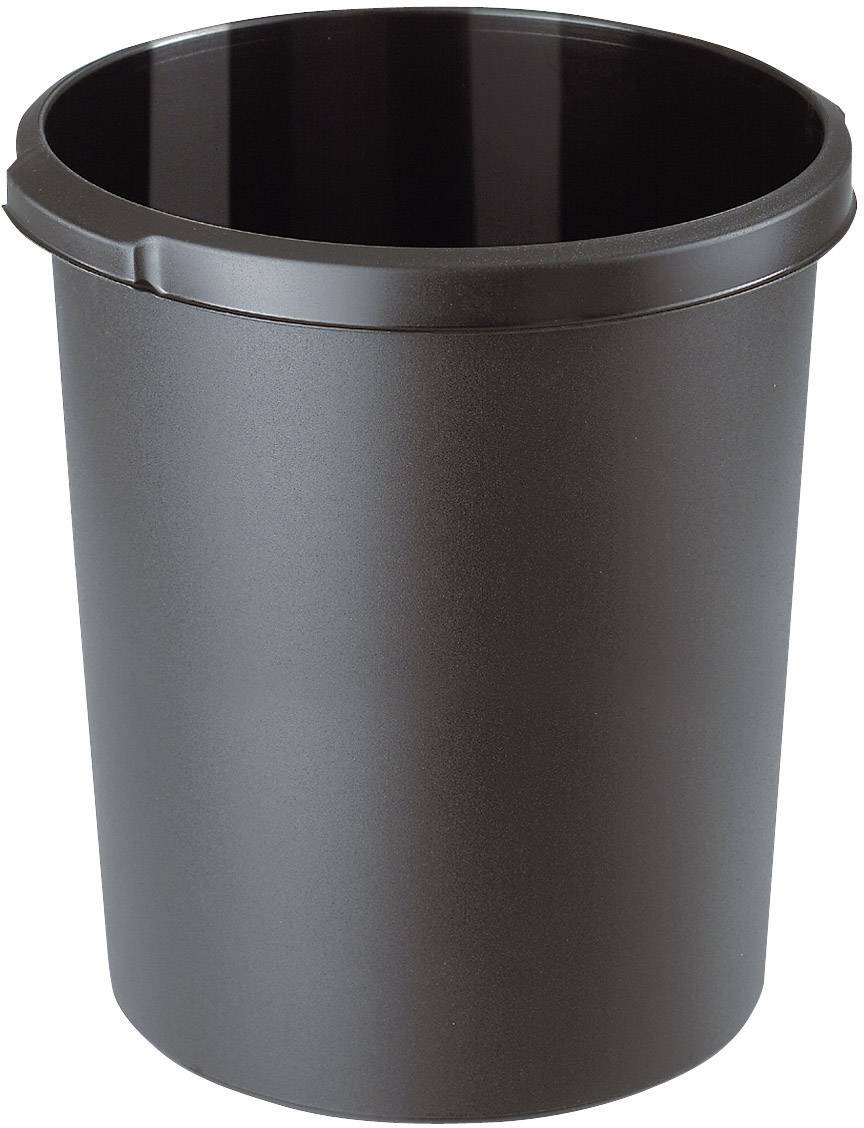 Un cestino nero cilindrico in plastica su sfondo bianco.