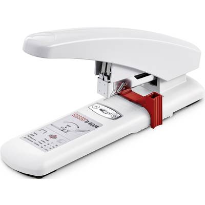 Un fermacarte bianco per ufficio con impugnatura grigia e leva rossa. Una descrizione del prodotto e la scritta 'heavy duty 8404' sono visibili.