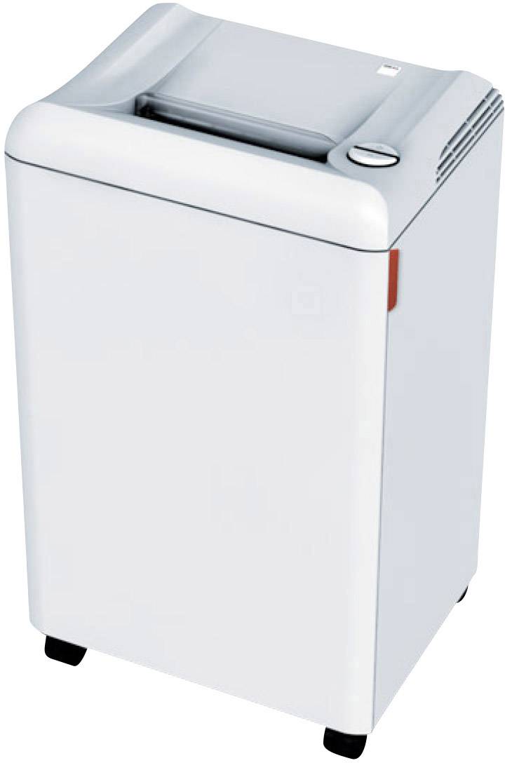 Un distruggi documenti moderno, bianco con base nera, adatto per applicazioni da ufficio.