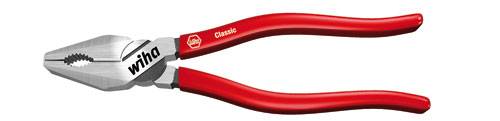 Una pinza combinata rossa con la scritta 'wiha' sul manico, adatta per lavori di presa e taglio. Sul lato sinistro, una bocca dentata.