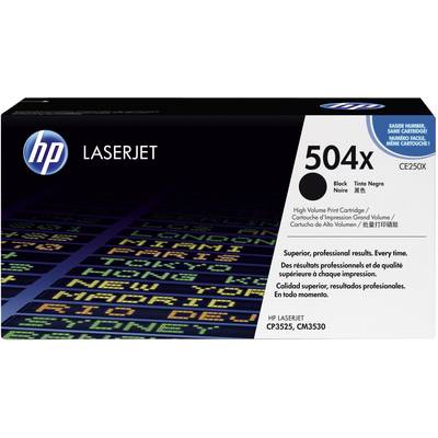 Cartuccia toner nero HP LaserJet 504X. Stampa ad alto volume per modelli CP3525, CM3530. Confezione con motivo tessile colorato.