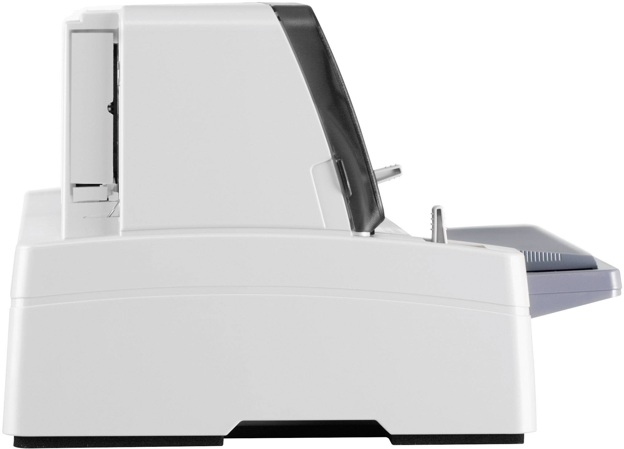 Un'unità per ufficio bianca, raffigurata di lato, con display nero e superficie grigia per l'appoggio, probabilmente per scansionare o copiare documenti.