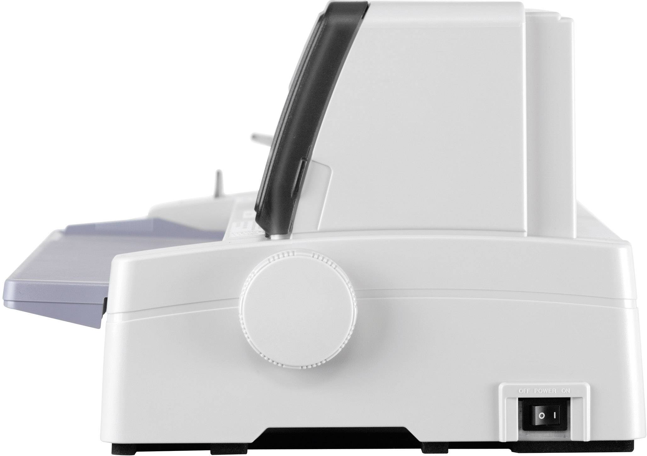 Vista laterale di un dispositivo elettrico con manopola di regolazione e interruttore basculante. Sembra essere un tipo di attrezzatura da ufficio o strumentazione tecnica.