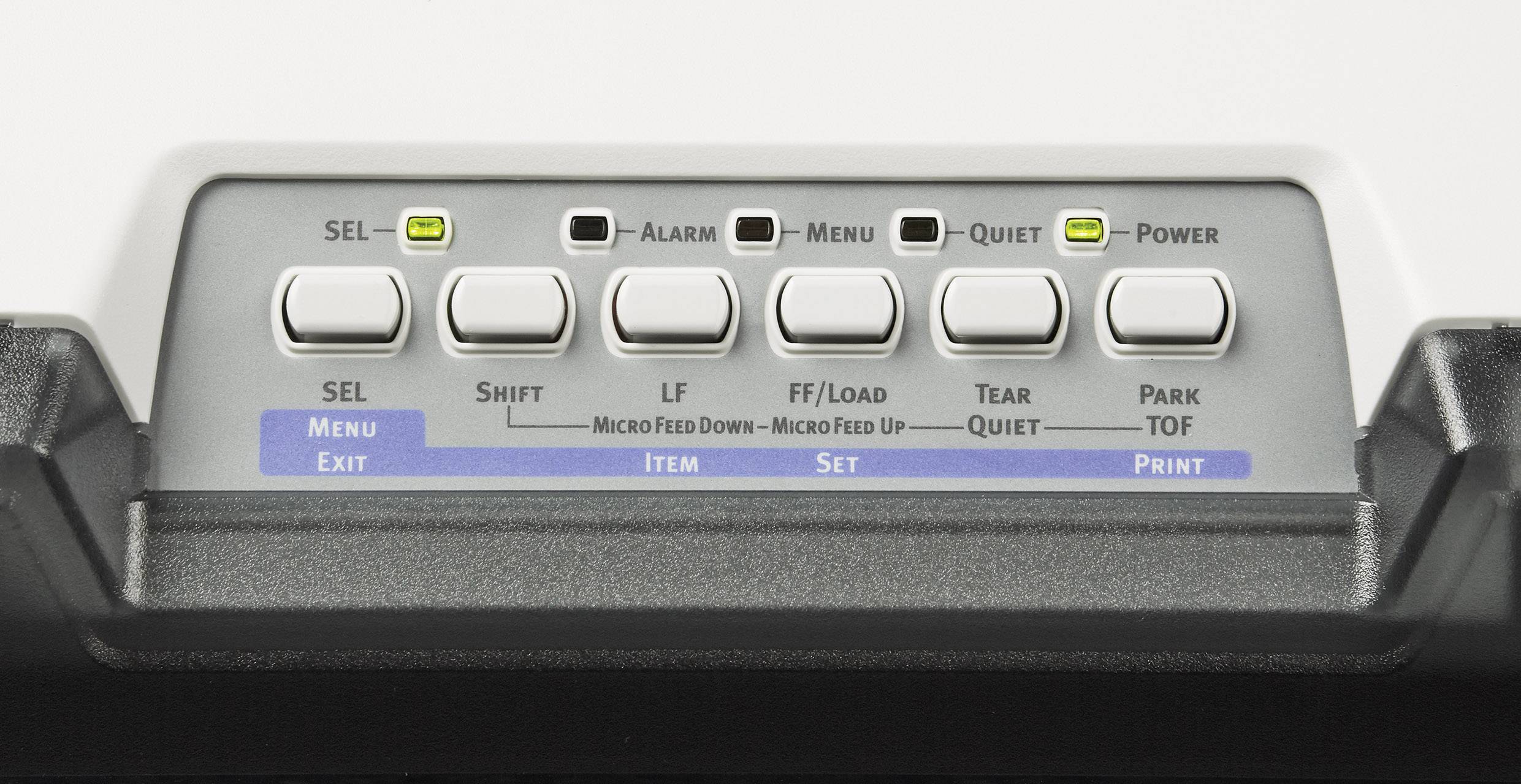 Campo di controllo di una stampante con tasti per Selezione, Maiusc, Caricamento carta, Avanzamento, Allarme, Menu, Pausa e Acceso/Spento.