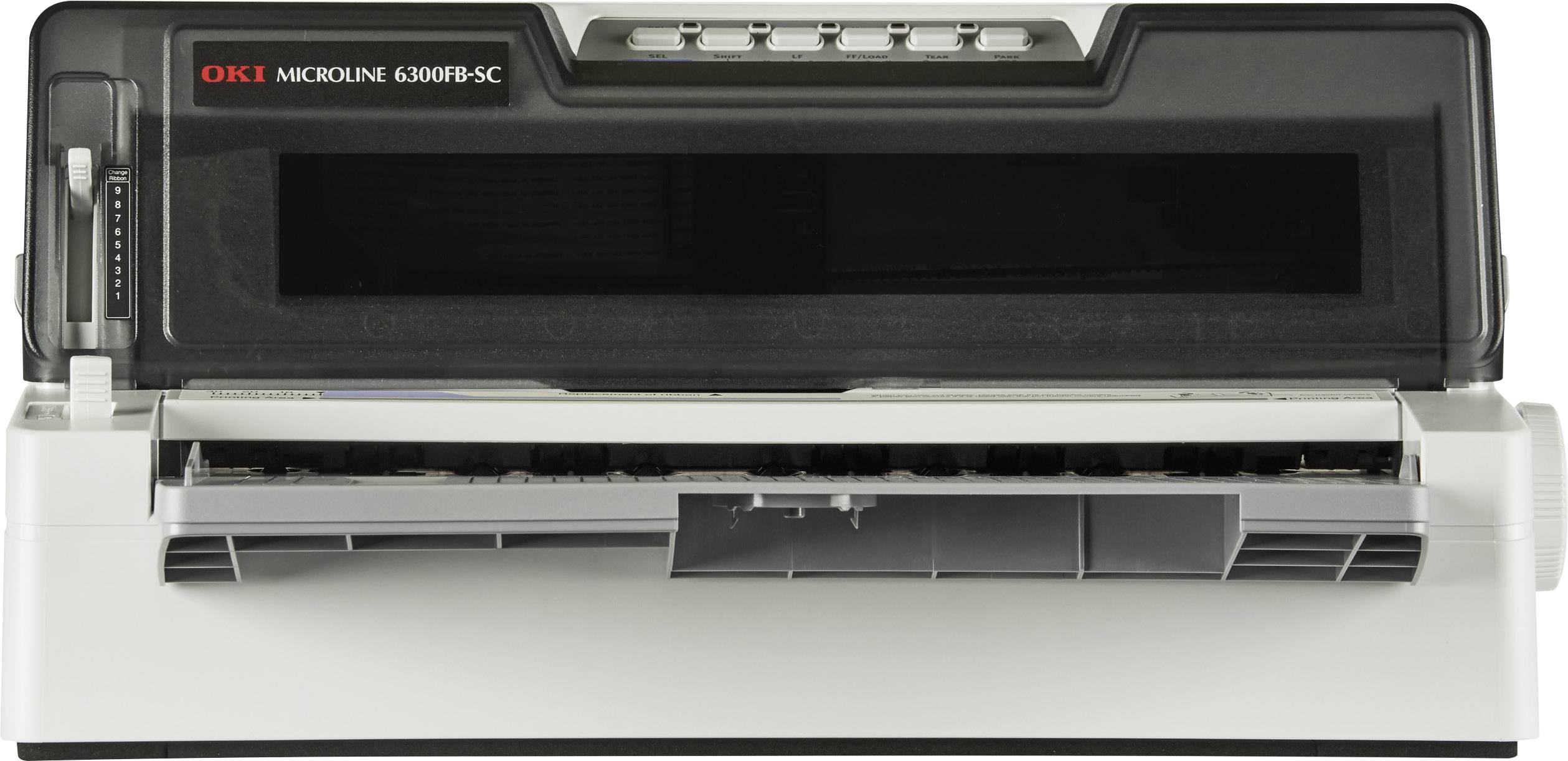 Una stampante a getto d'inchiostro OKI, modello Microline 6300FB-SC. È in bianco e nero, con un pannello di controllo piatto e diversi tasti sulla parte superiore.