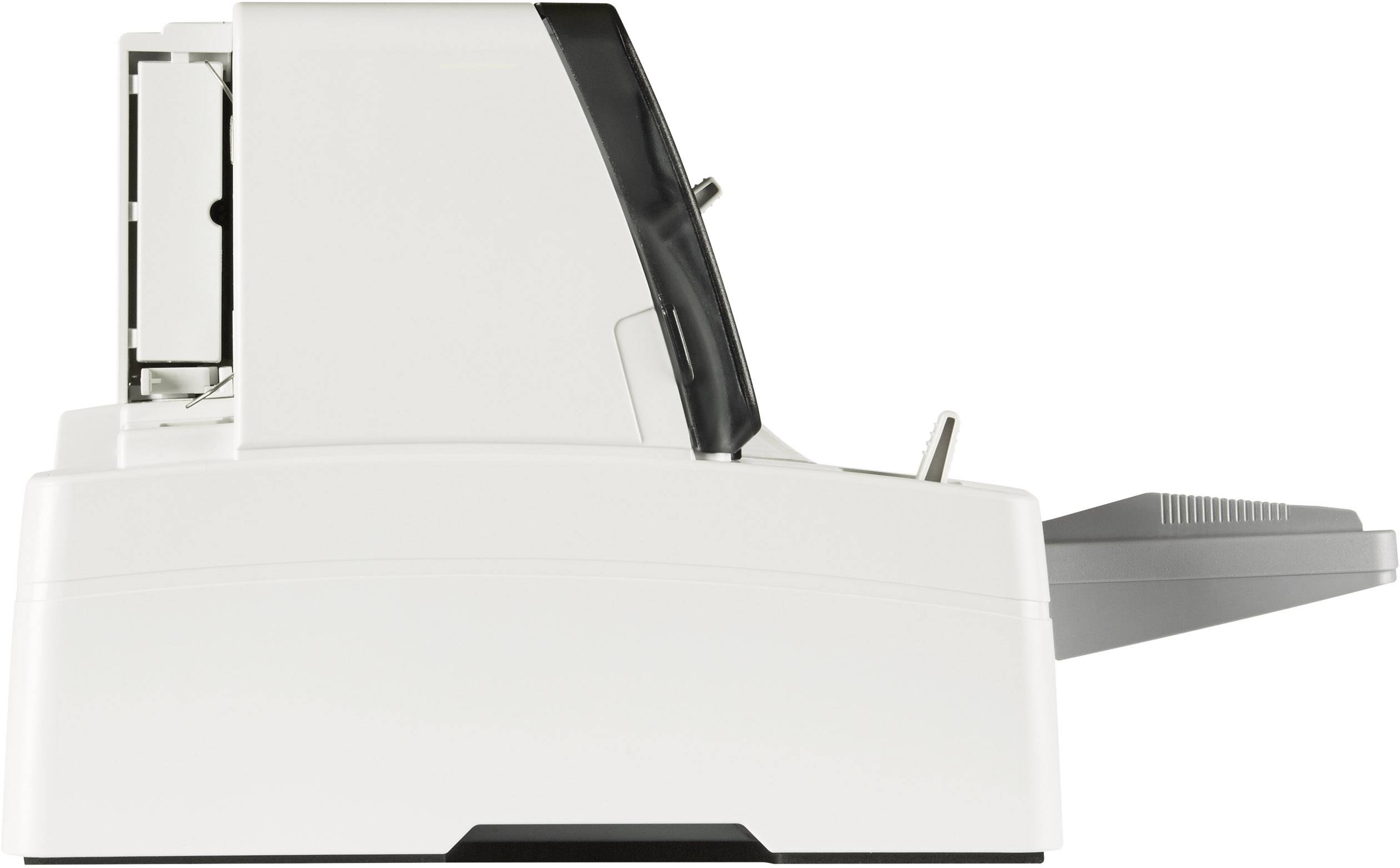 Una stampante bianca vista di lato con il vassoio carta aperto, pronta per la stampa.