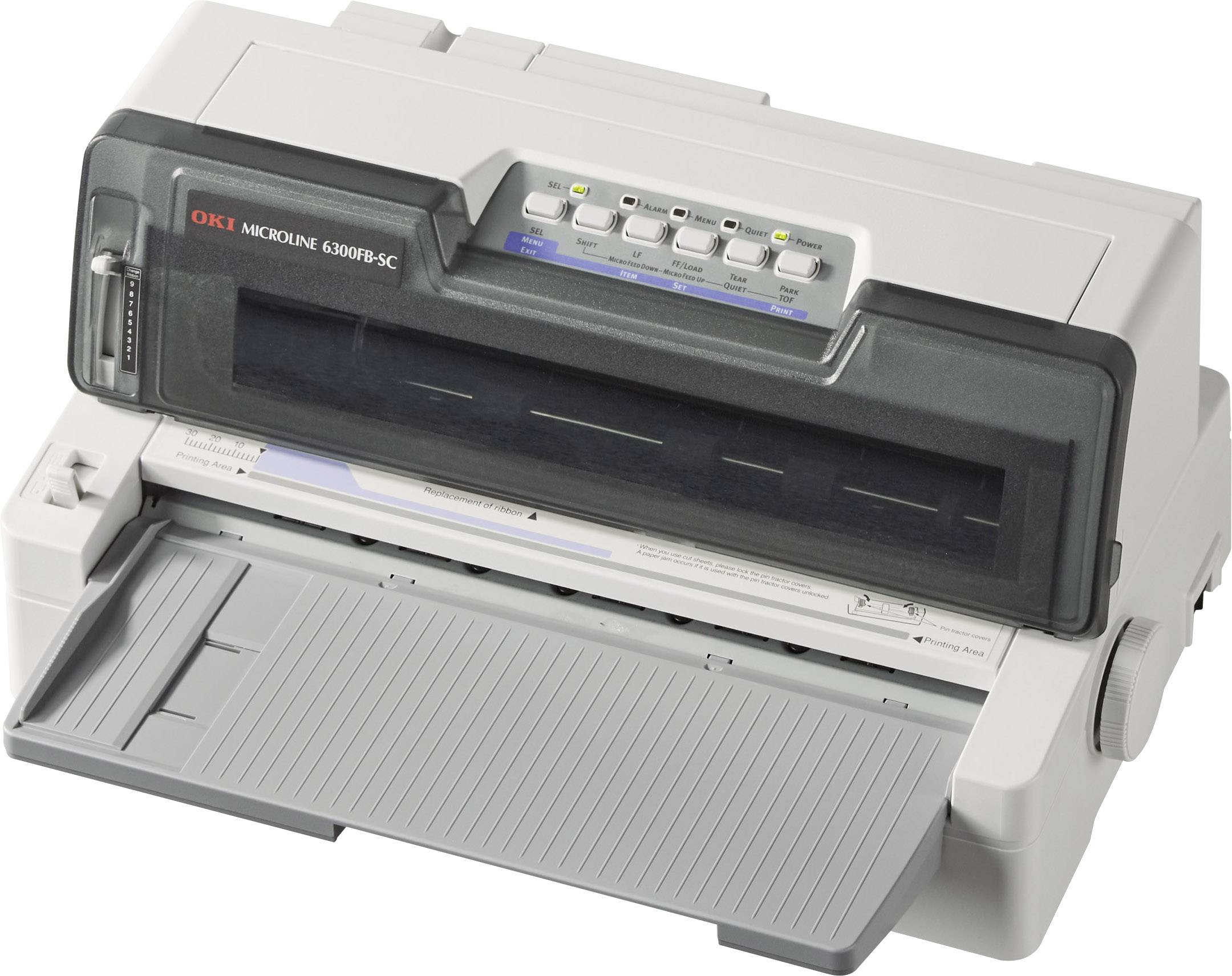 Una stampante a matrice grigia con il vassoio carta aperto e diversi tasti di controllo sulla parte superiore.