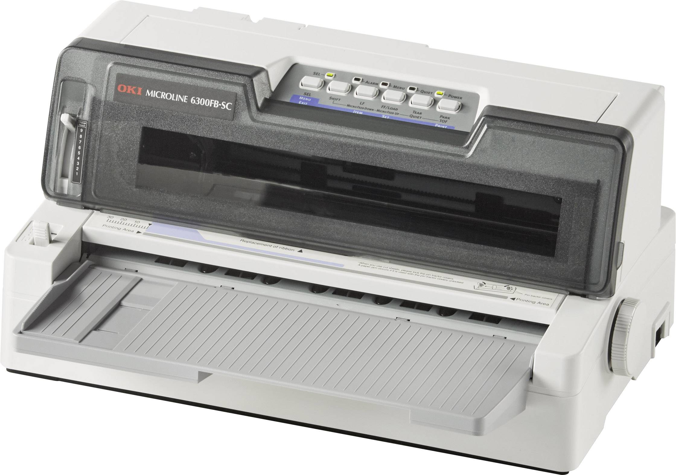 Stampante ad aghi con involucro grigio, vassoio carta aperto e pannello di controllo con diversi tasti.