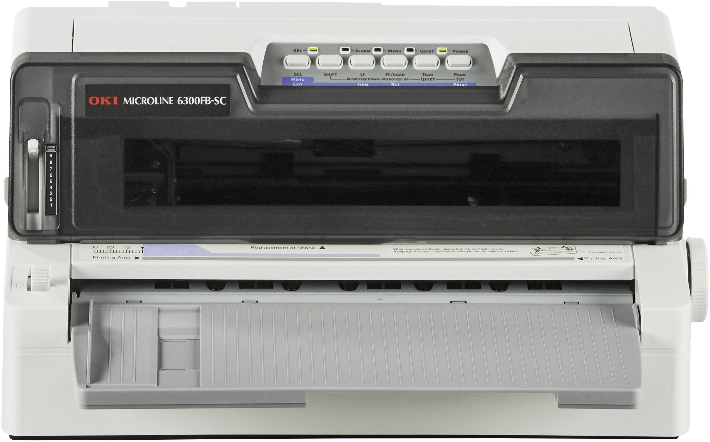 Una stampante ad aghi con il marchio 'OKI Microline 6300FB-SC', che mostra i tasti e il vassoio carta, adatta per la stampa di moduli o carta continua.