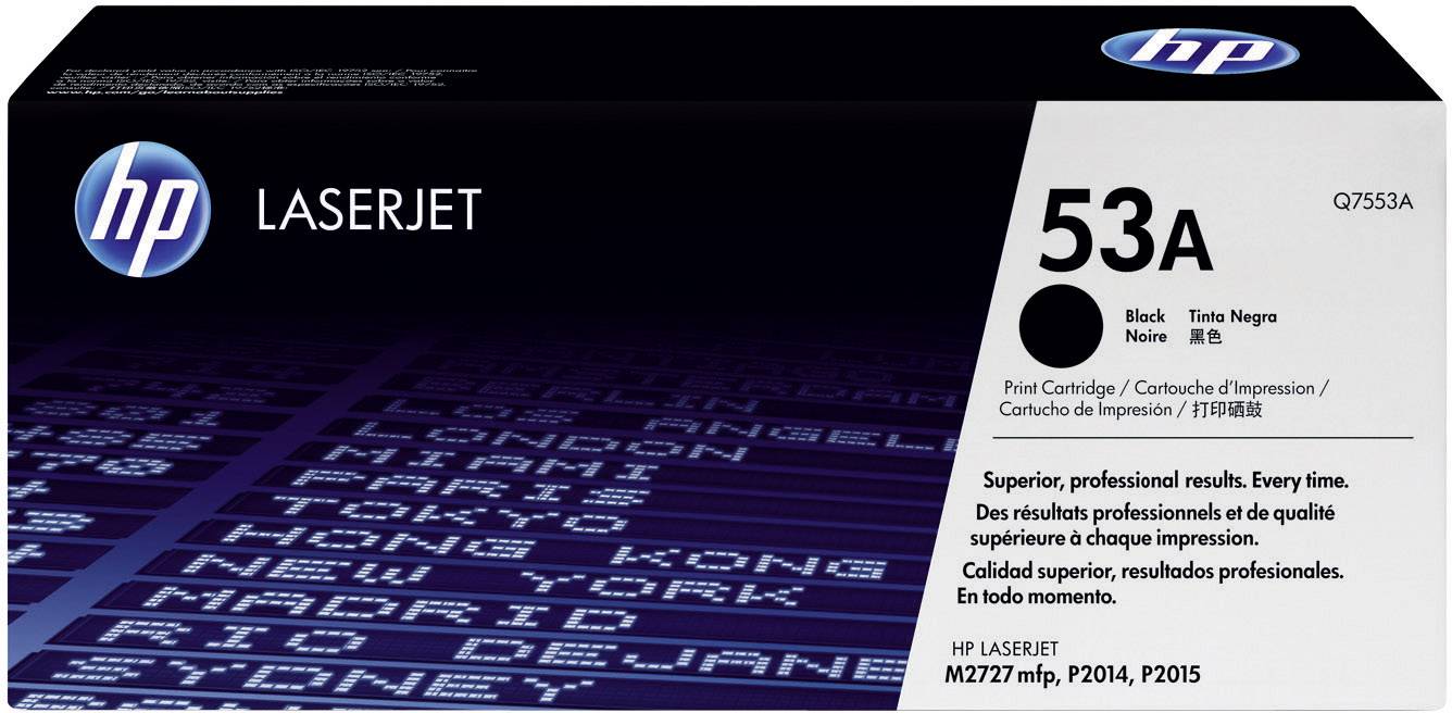 Cartuccia toner HP LaserJet 53A, Nero, Modello Q7553A. Testo stampato: 'Risultati superiori e professionali. Ogni volta.' Compatibile con M2727 mfp, P2014, P2015.