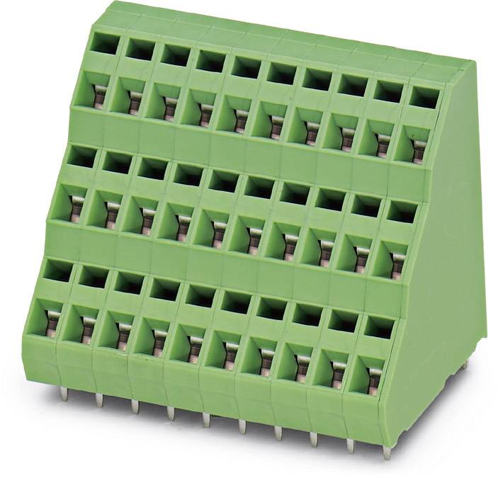 Connettore verde con più morsetti in un design diagonale, idoneo per il cablaggio sicuro di componenti elettronici.