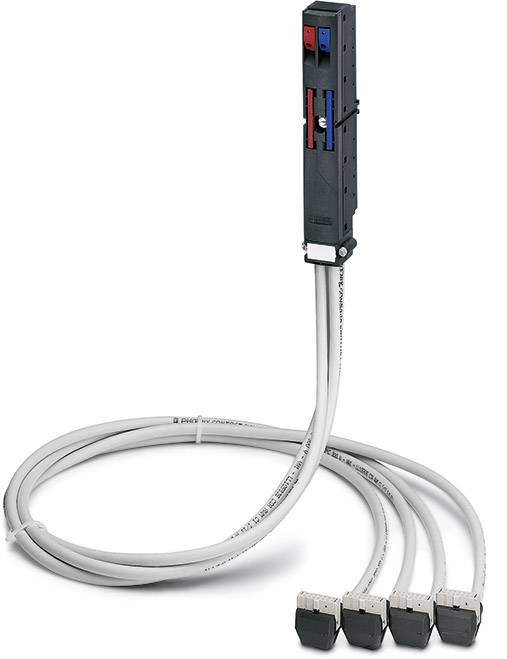 Un dispositivo elettronico nero con un lungo cavo grigio che termina in quattro spine separate. Idoneo per la distribuzione dell'energia.