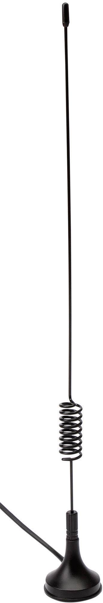 Antenna nera con base a spirale e lungo stelo sottile su piedistallo magnetico. Adatta per dispositivi radio o riceventi.