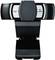 Webcam Logitech nera con microfono integrato, modello 'Carl Zeiss Tessar HD 1080p', per videoconferenze e streaming.