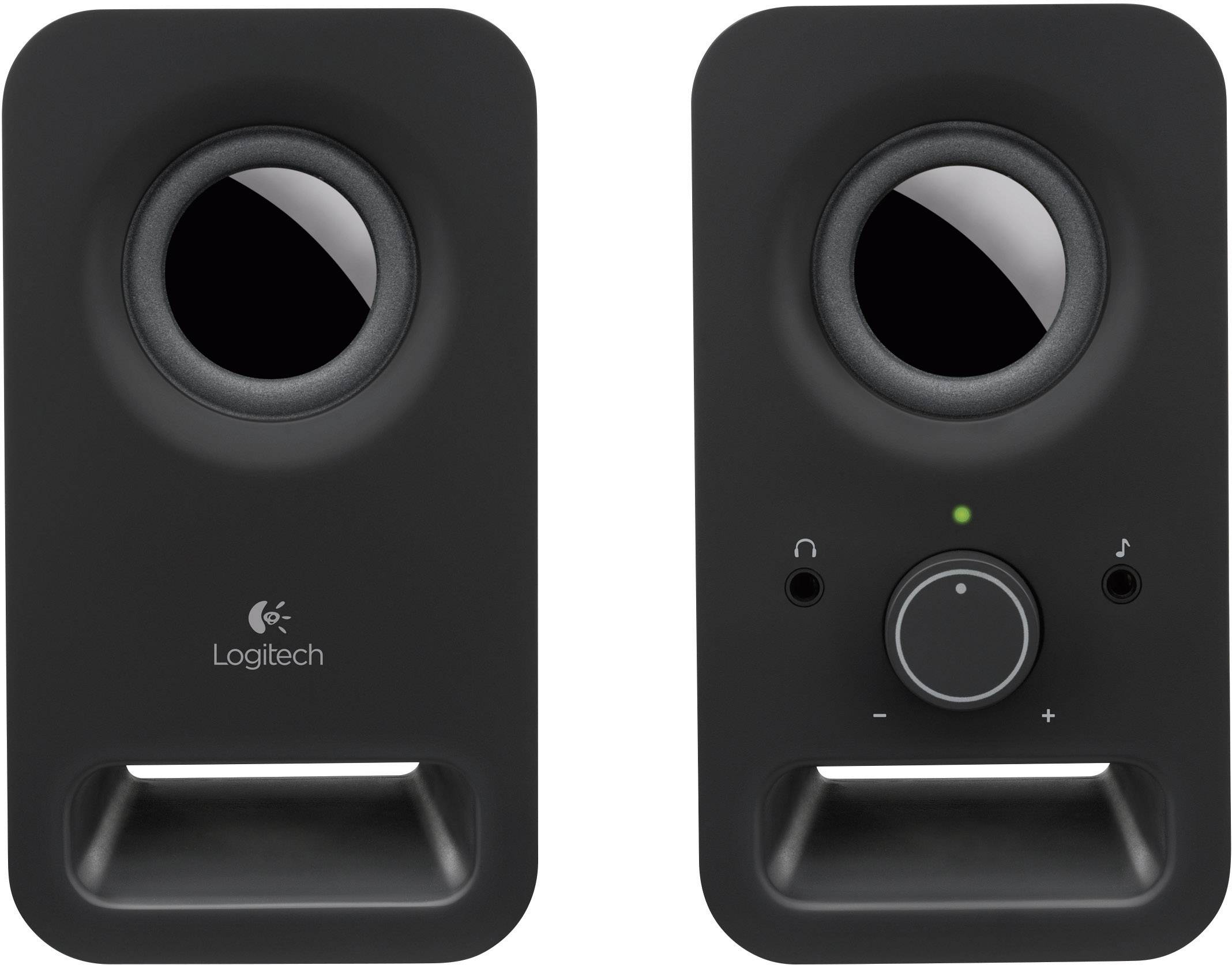 Due altoparlanti Logitech neri con design circolare e pulsanti di controllo sul lato destro.