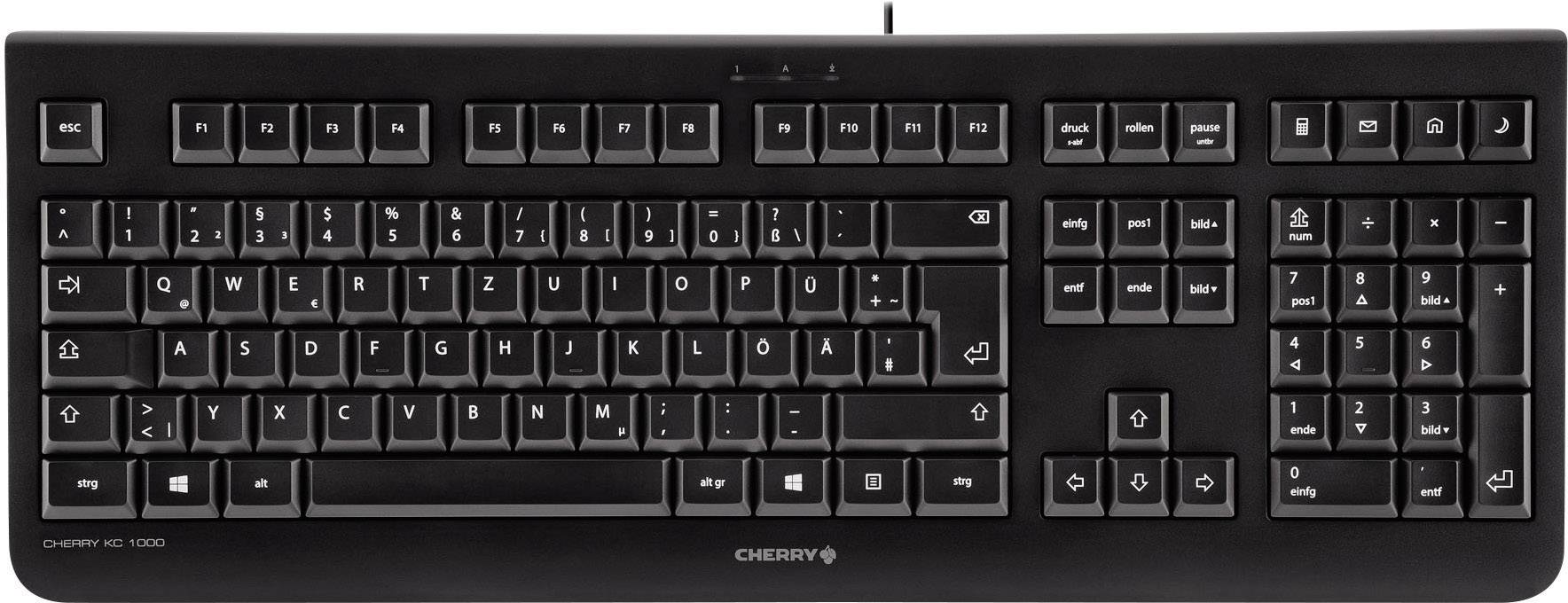 Una tastiera nera per computer con layout completo dei tasti, compresi i tasti funzione e il tastierino numerico, vista dall'alto.