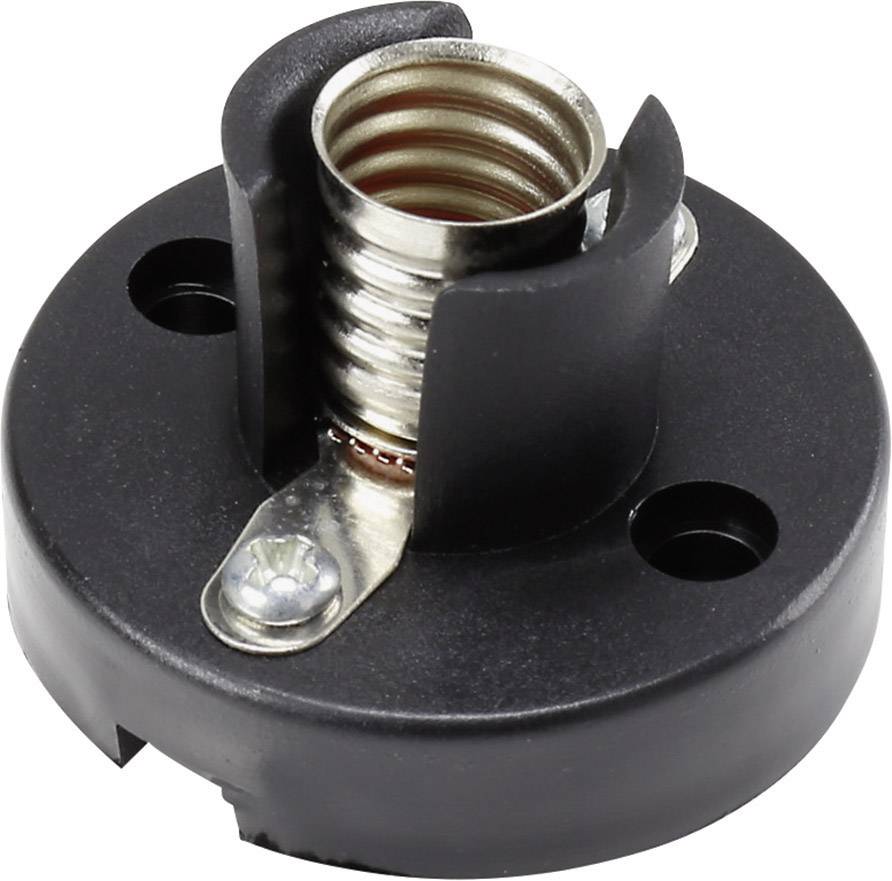 Un portalampada nero in plastica con supporto a molla per il fissaggio delle lampadine; due fori per viti per il montaggio.