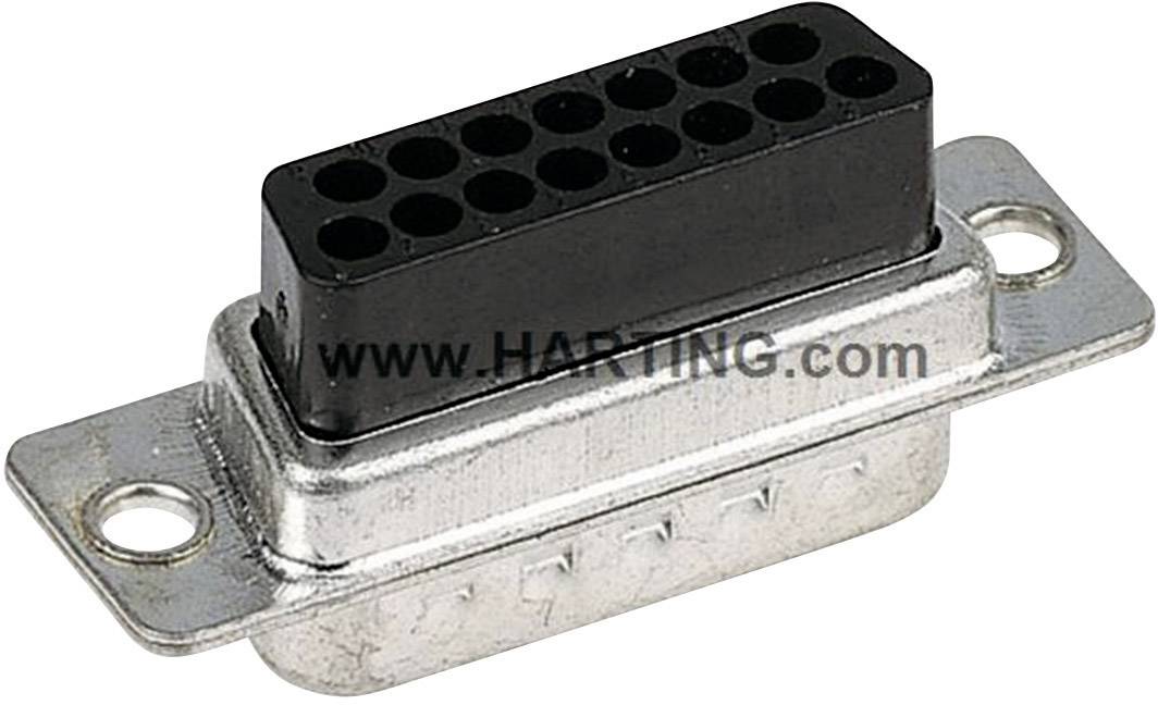 Connettore con alloggiamento femmina a 15 poli, forma rettangolare, involucro metallico, due fori di montaggio, marchio con scritta 'HARTING'.