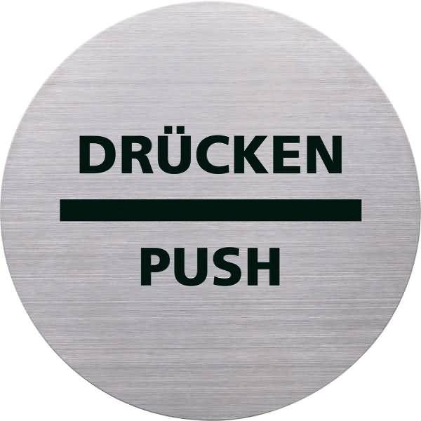 helit Piktogramm "DRÜCKEN/PUSH", Durchmesser: 115 m, silber selbstklebend, aus Edelstahl mit schwarzem Aufdruck, - 1 Stü-0