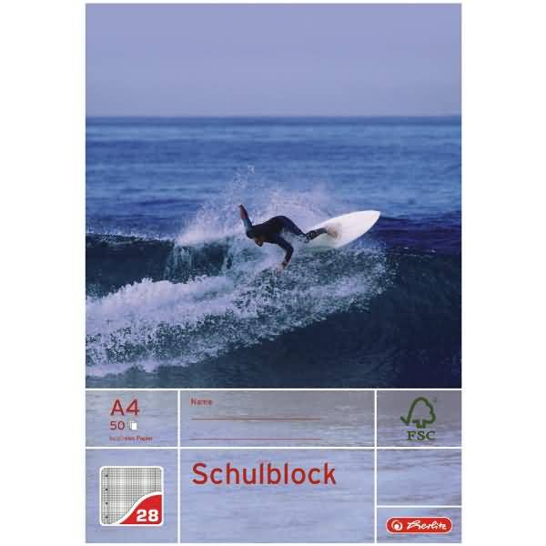 herlitz Schulblock X-Book, DIN A4, Lineatur 28 - kariert 2 Ränder, 50 Blatt, 70 g-qm, holzfrei, FSC-Zertifiziert (216283-0
