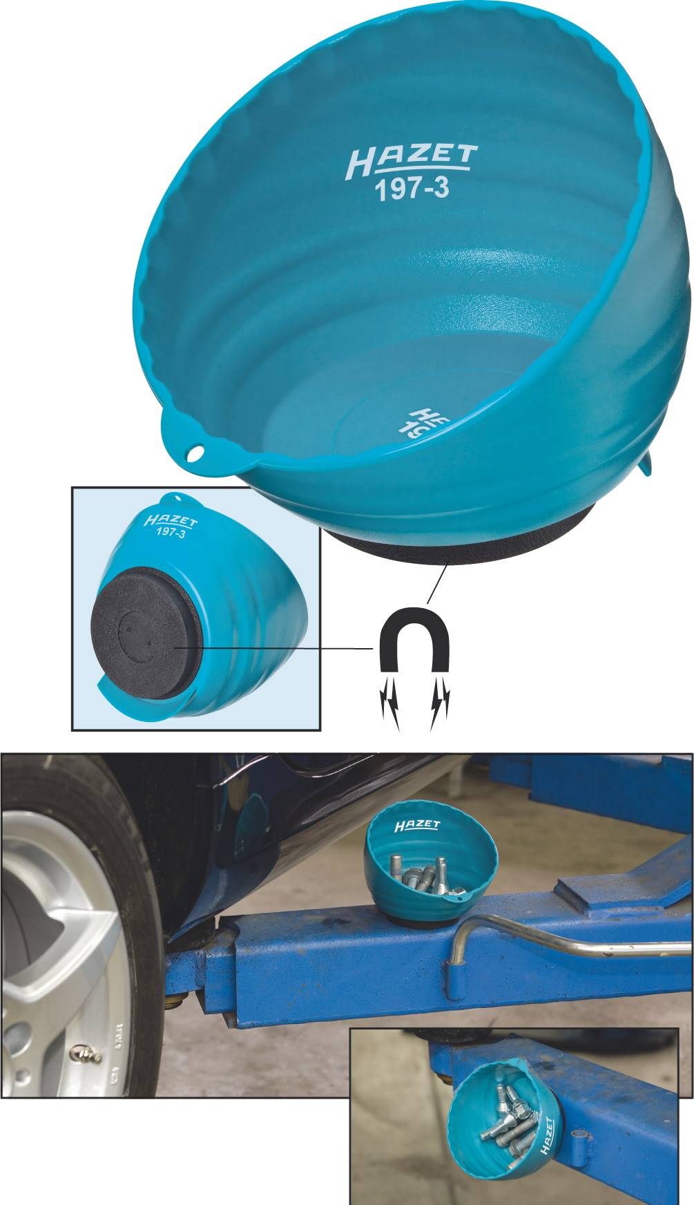 Un supporto magnetico blu per viti 'Hazet 197-3' con viti al suo interno, che mostra l'utilizzo in un'officina su un sollevatore per auto.