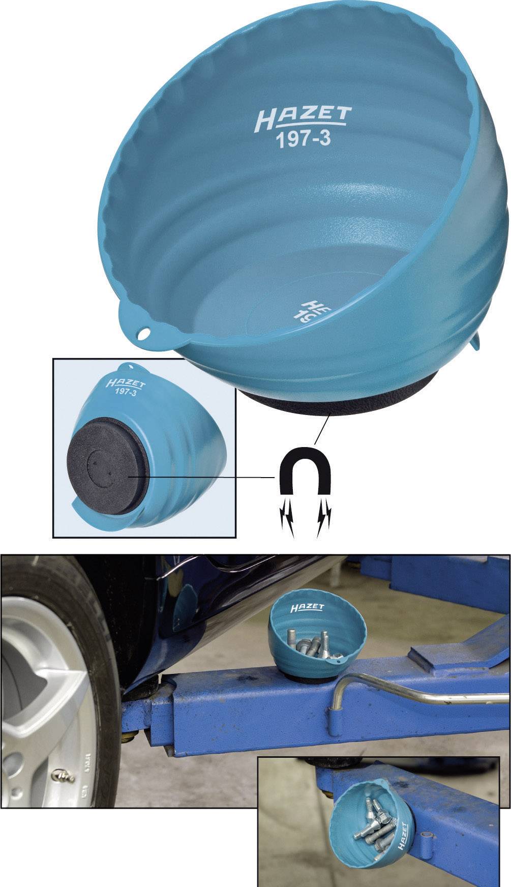 Contenitore magnetico blu con scritta 'Hazet 197-3', trattiene viti e dadi durante la riparazione di un pezzo di automobile.