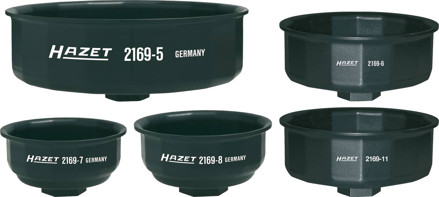 Cinque tappi di filtri dell'olio neri con la scritta 'Hazet 2169' in diverse dimensioni, disposti uno accanto all'altro su sfondo bianco.