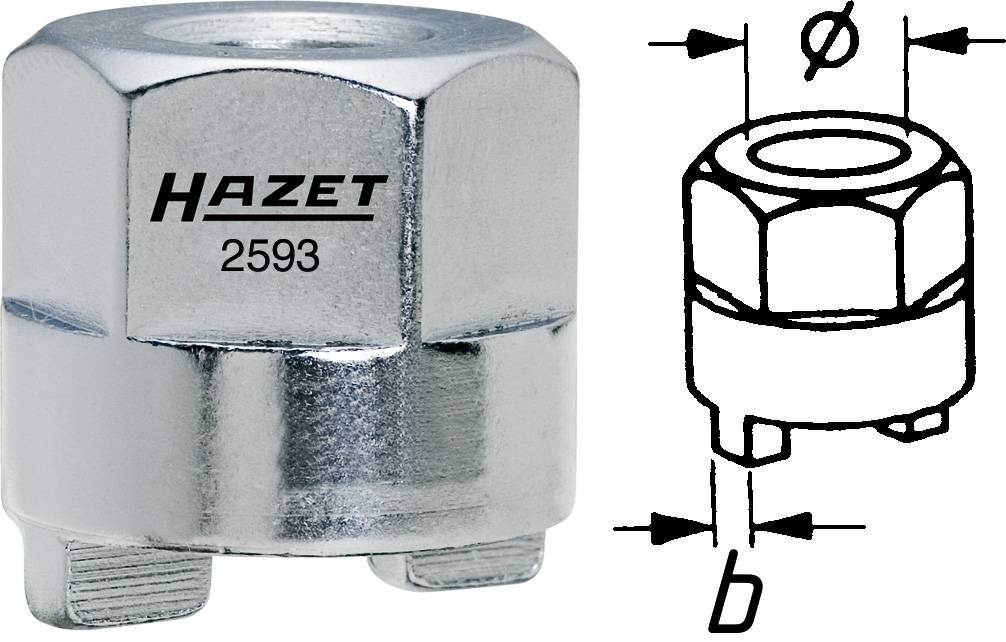 Un utensile argentato con l'incisione 'HAZET 2593' e un disegno tecnico con specifiche di misure per la forma e le dimensioni dell'utensile.