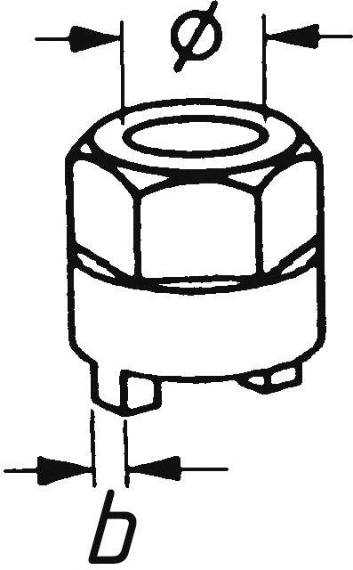 Disegno tecnico di un dado esagonale con marcature di diametro e larghezza, due frecce e la lettera 'b'.