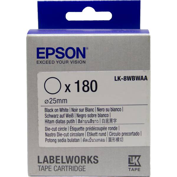 Epson Nastro fondo pretagliato circolare Bianco per testo Nero, Die-Cut D25mm/180 etichette LK-8WBWAA-0