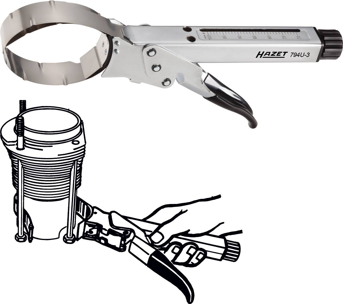 'Attrezzo Hazet 794U-3' in uso. Mostra un estrattore per fasce elastiche che abbraccia il pistone di un motore.
