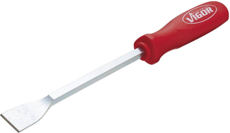 Un utensile manuale rosso, uno scalpello piatto, con un manico rosso recante la scritta 'VIGOR'. Utilizzato per rimuovere materiali.