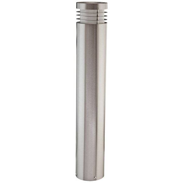 Lampada da esterno cilindrica argentata in metallo con fessure orizzontali di ventilazione sulla parte superiore, ideale per l'illuminazione di giardini o vialetti.