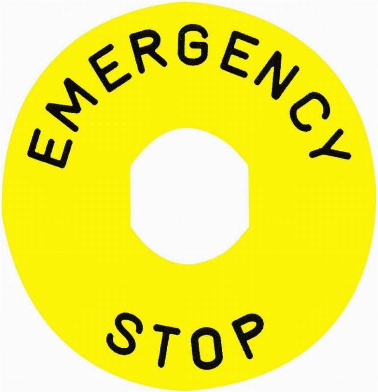 Marked legend, Harmony XB4, plastic, yellow, 90mm, for emergency stop, marked EMERGENCY STOP with logo…-0