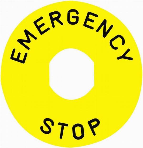 Marked legend, Harmony XB4, plastic, yellow, 90mm, for emergency stop, marked EMERGENCY STOP with logo…