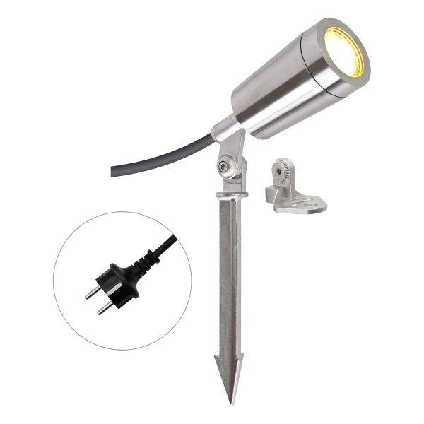 Lampada da giardino metallica con picchetto per il terreno e spina EU, adatta all'illuminazione esterna; design moderno argento.