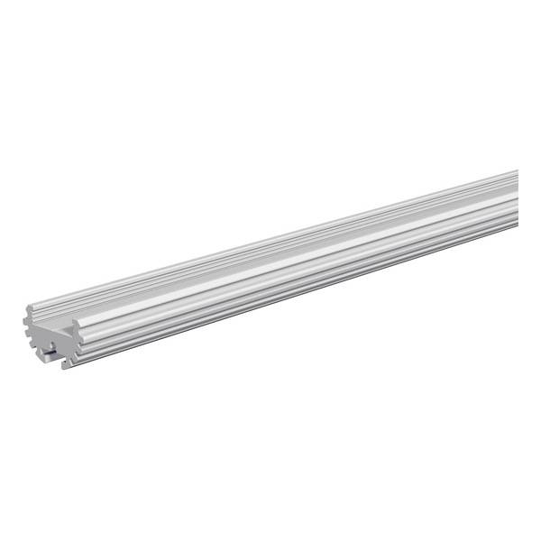Profilo in alluminio, allungato, color argento, con diverse scanalature lungo la superficie, sezione trasversale rettangolare. Utilizzabile per costruzioni.
