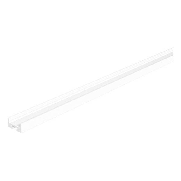 Un profilo in alluminio bianco dalla forma stretta e allungata, comunemente utilizzato per installazioni di illuminazione LED o applicazioni simili.
