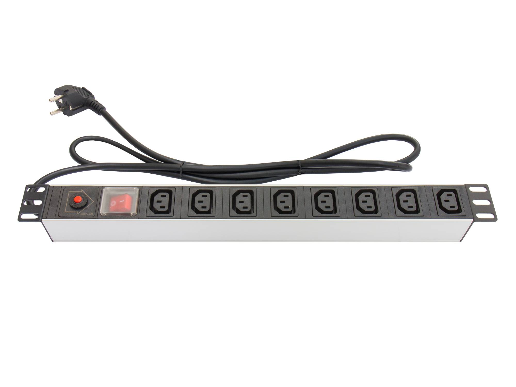 Steckdosenleiste 48,30cm (19"), 1HE, Schuko-Stecker an 8x C13 Kaltgeräte-Buchse (10A), mit Schalter, ÜSS, Aluminiumprofi-0