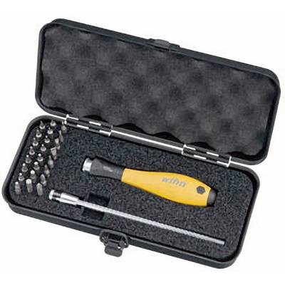 Set di utensili in custodia aperta con impugnatura gialla del cacciavite, diversi inserti e prolunga. Ideale per lavori di precisione.